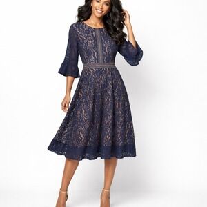 MissMay Retro Gorgeous Navy Lace Bell Sleeve Fit Flare Dress XXL Lined Cocktail
